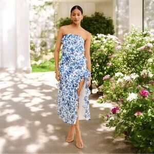 BLDHN Floral Strapless Midi Dress with Leg Slit Blue Size 10